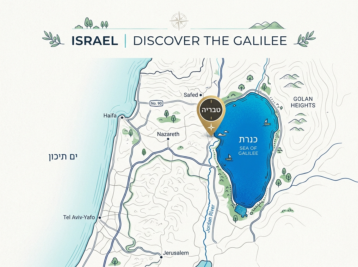 מפת ישראל עם מיקום טבריה והכנרת